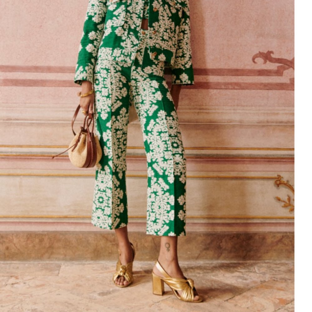 Sezane Green and Cream Patterned Straight Leg Pants